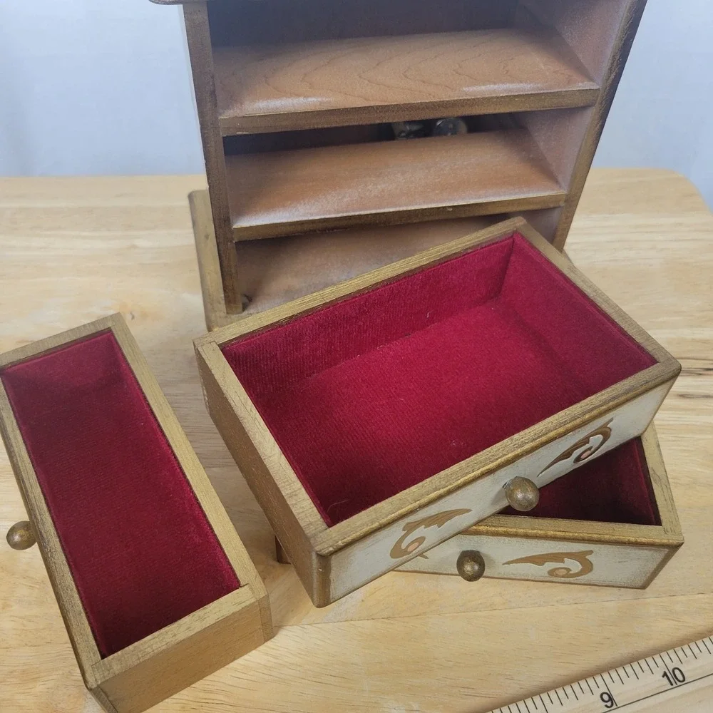 Vintage Florentine Musical Jewelry Box Gold Gilt Wood 3 Drawer Italian Style